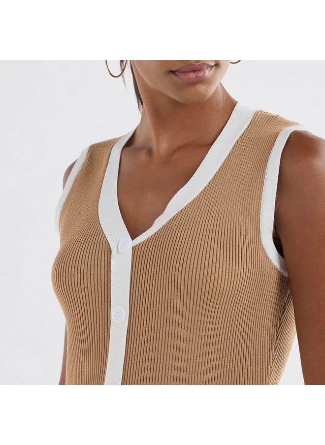 FAV - Ribbed Sleeveless Button Down Dress with V-neck - Image 1