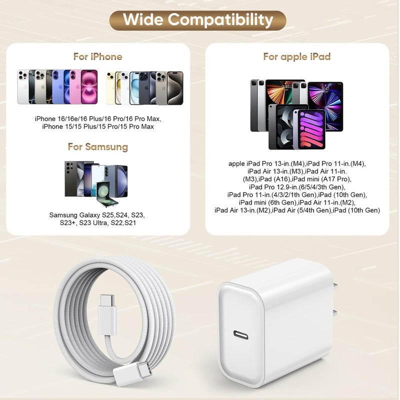UCCRIE iPhone 17/16 Charger Fast Charging,[Apple MFi Certified]3Pack 20W Type C Port Wall Plug 6FT USB C to C Woven Cable USB-C Charger for Apple iPhone Air/17 ProMax/16E/16Pro/15Plus/15,iPad Pro/Air,AirPods - Image 5