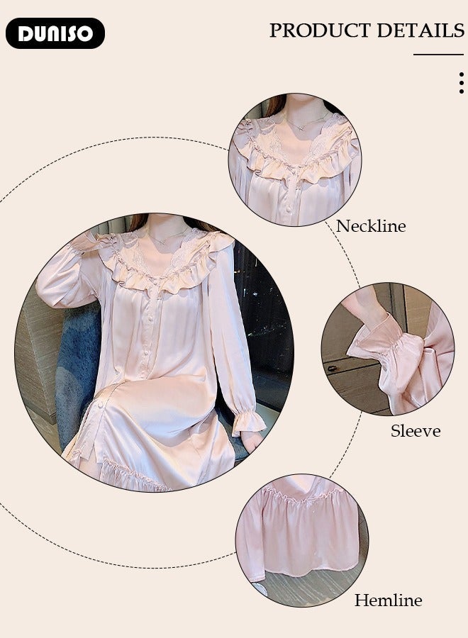 DUNISO Women's Long Sleeve Nightgown, Soft Comfortable Cotton Sleepwear Dress, Breathable V Neck Ice Silk Home Wear, Lounge Dress for Can Be Worn Outside - Image 2