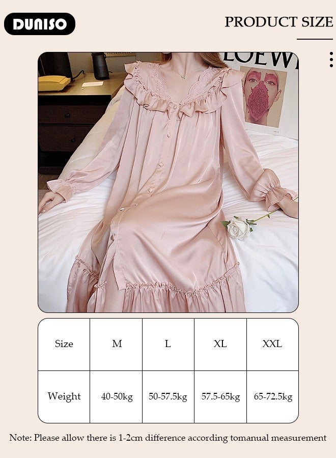 DUNISO Women's Long Sleeve Nightgown, Soft Comfortable Cotton Sleepwear Dress, Breathable V Neck Ice Silk Home Wear, Lounge Dress for Can Be Worn Outside - Image 4