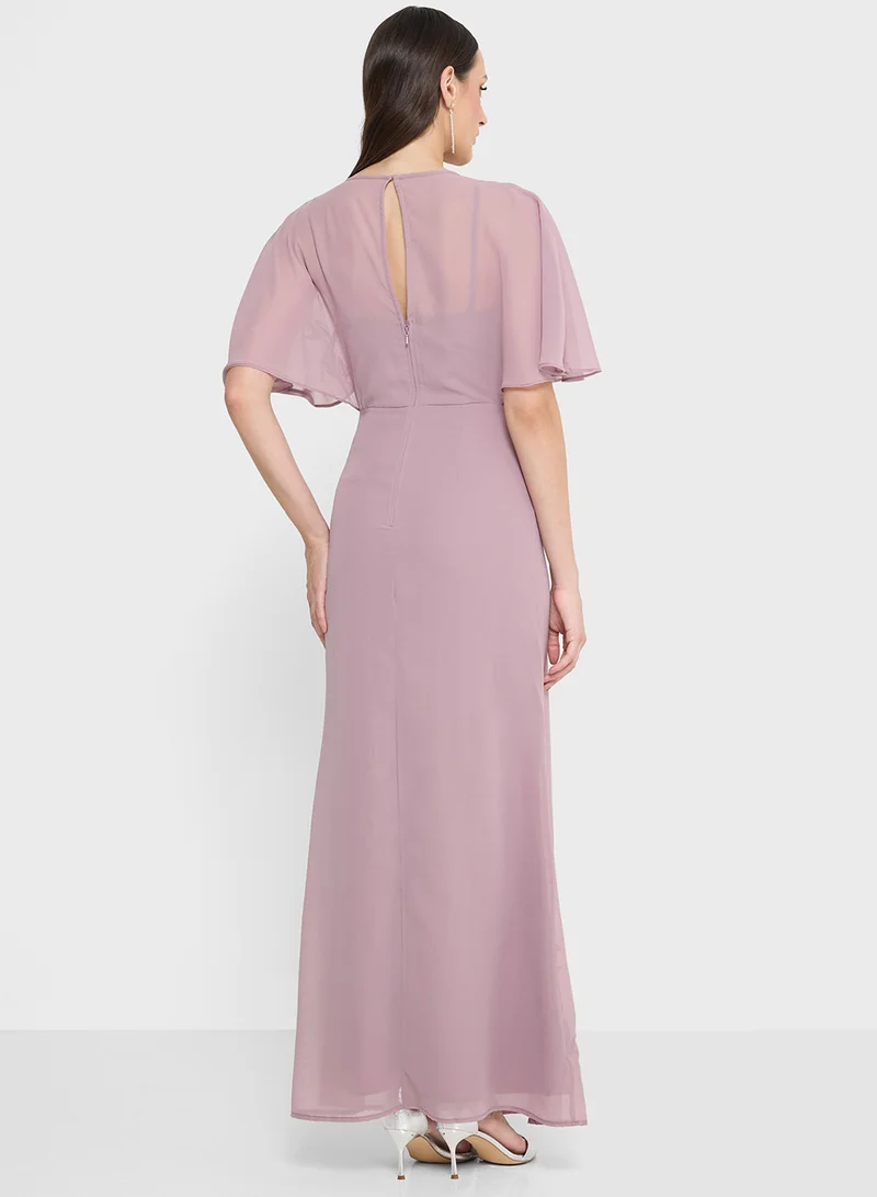Maya Mesh Detail Embellished Cape Sleeve Maxi Dress