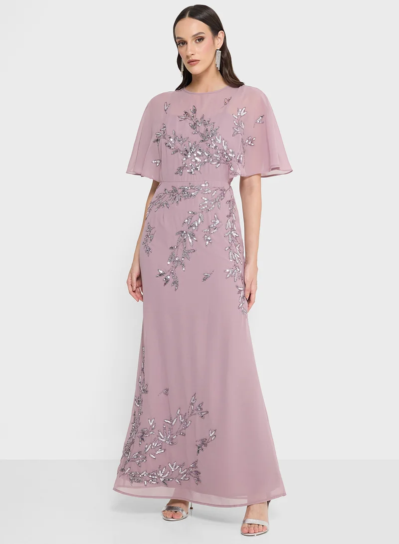 Maya Mesh Detail Embellished Cape Sleeve Maxi Dress