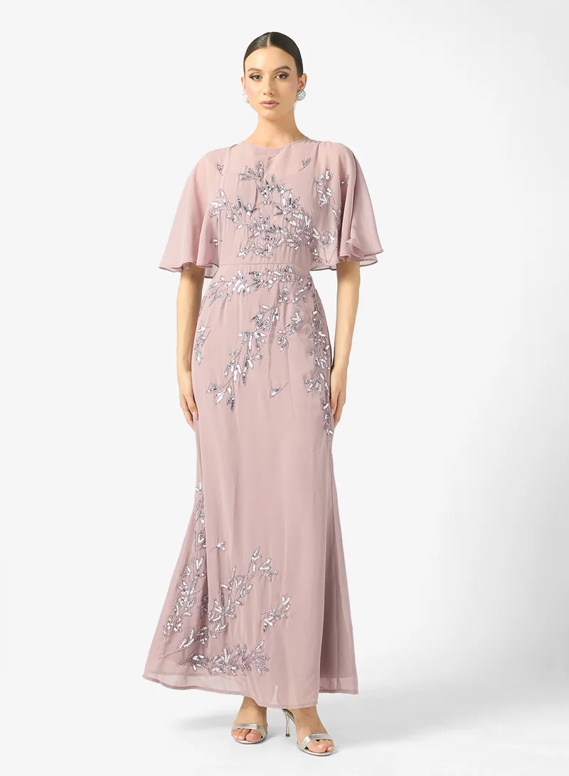 مايا Mesh Detail Embellished Cape Sleeve Maxi Dress