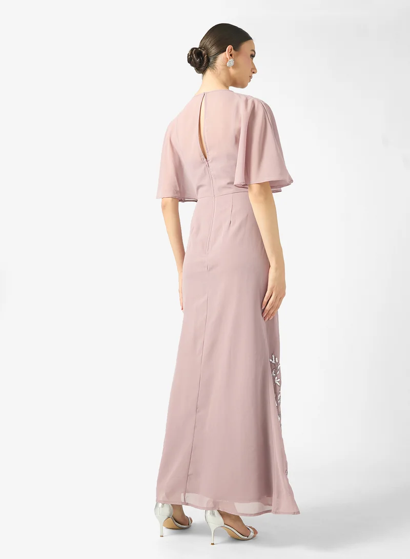 مايا Mesh Detail Embellished Cape Sleeve Maxi Dress