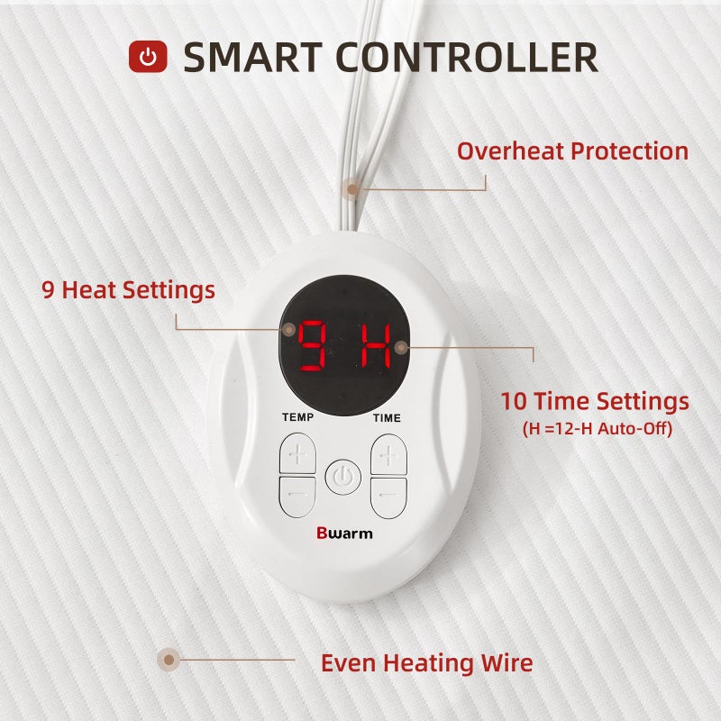 Bwarm Waterproof Heated Mattress Pad, Mini Twin Electric Mattress pad ETL Certified Bed Warmer with Memory Function 9 Heat Settings, 1-12 Hours Auto Off Deep Pocket, Machine Washable, White 31" x 55" - Image 4