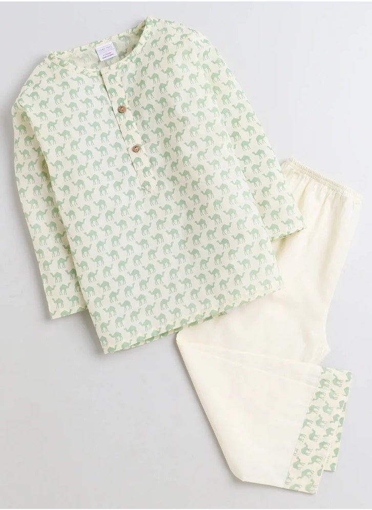 Polka Tots Polka Tots Full Sleeves Night Wear Camel Kurta Pyjama - Green  - Image 1