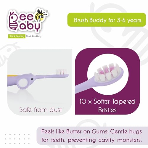 BeeBaby Elephant Brush Buddy Toothbrush for Kids 3-6 Years, Soft Handle for Easy Grip, 10 x Softer Tapered Bristles Ideal for Milk and Permanent Teeth, 100% BPA Free. Violet - Image 2