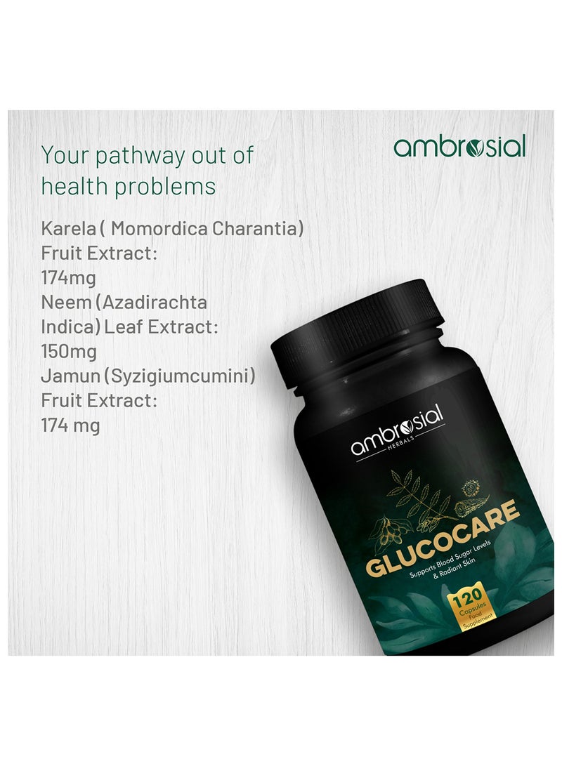 ambrosial Glucocare Bitter Melon Neem Black Plum (Jamun) Helps in Balancing Blood Sugar 100% Natural Ingredients Pack of 1-120 Capsules  - Image 2