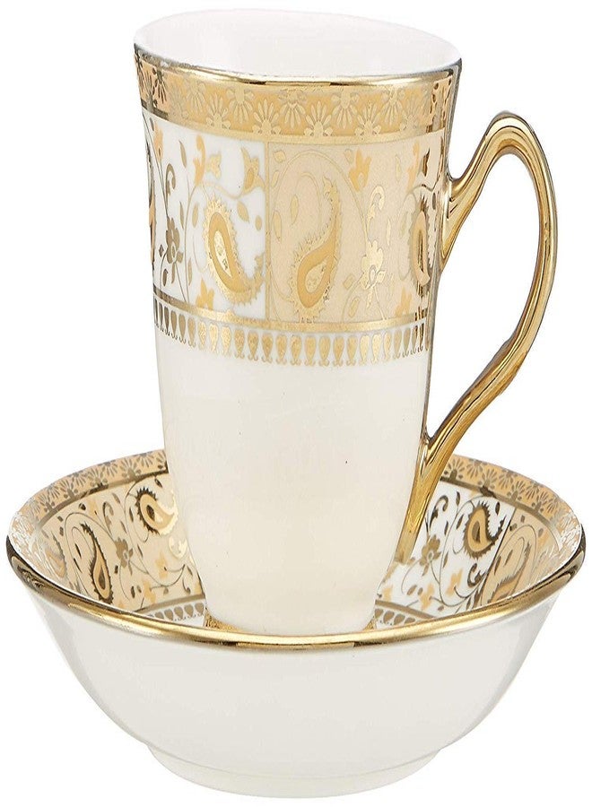 Home-Cart طقم فنجان وصحن من الخزف الصيني الفاخر من هوم-كارت ديزاين E693 / 180 مل - ذهبي وأبيض - عبوة من 12 قطعة - Image 1