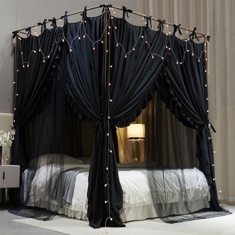 AIOOO 4 Corners Post Princess Curtain Bed Canopy Double Layer Cozy Mosquito Net Mesh and Cloth for Girls Adults Bedroom Decoration (Double-Black/Black, 64" W*82" L*82"*H/(Queen)) - Image 4