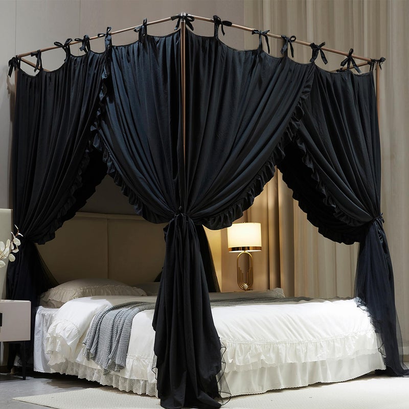 AIOOO 4 Corners Post Princess Curtain Bed Canopy Double Layer Cozy Mosquito Net Mesh and Cloth for Girls Adults Bedroom Decoration (Double-Black/Black, 64" W*82" L*82"*H/(Queen)) - Image 2