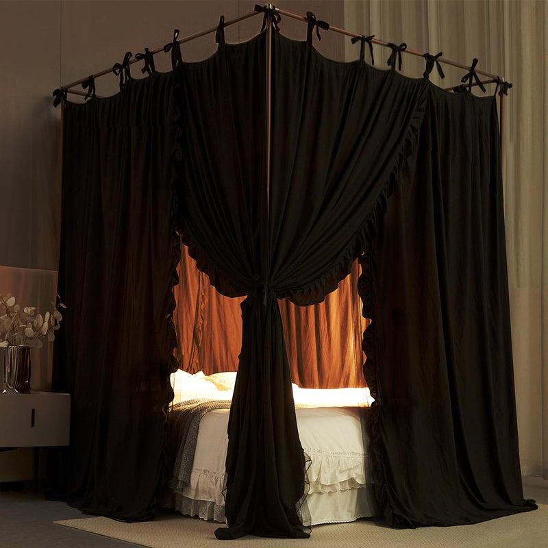 AIOOO 4 Corners Post Princess Curtain Bed Canopy Double Layer Cozy Mosquito Net Mesh and Cloth for Girls Adults Bedroom Decoration (Double-Black/Black, 64" W*82" L*82"*H/(Queen)) - Image 5