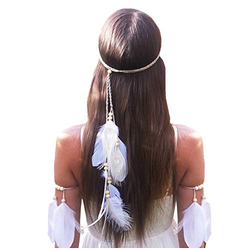 WLBON Feather Boho Hippie Indian Hair Bands Tassel Bohemian Halloween Headdress Crown Headband Party Decoration Cosplay Costume Headwear Headpiece Cute Hair Accessories White Set - Image 1