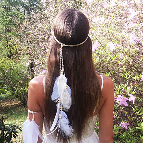 WLBON Feather Boho Hippie Indian Hair Bands Tassel Bohemian Halloween Headdress Crown Headband Party Decoration Cosplay Costume Headwear Headpiece Cute Hair Accessories White Set - Image 2