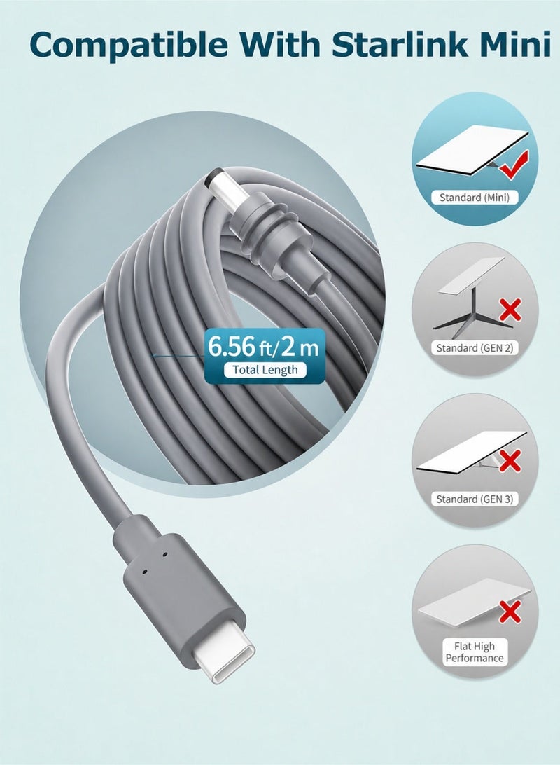 FLOWING Starlink Mini Cable 10FT Starlink Mini USB C to DC Power Cable 18AWG PD 100W Input USB Type C to Barrel Power Cord 5.5 * 2.1mm Compatible with Power Bank 100W+ PD Source Waterproof Gray 6.56FT/2M - Image 2