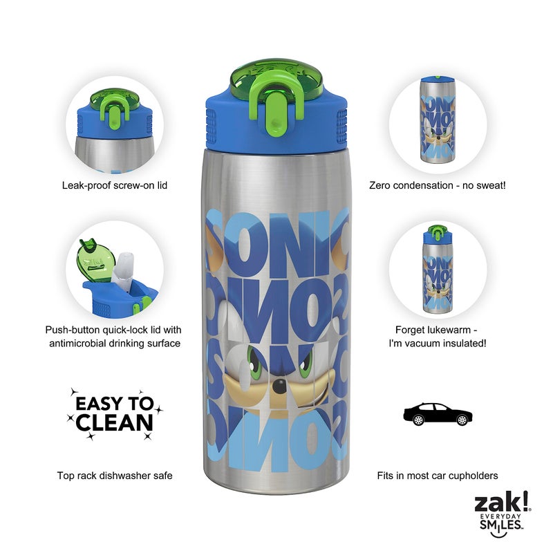 Zak Designs Sonic the Hedgehog Water Bottle for Travel and At Home, 19 oz Vacuum Insulated Stainless Steel with Locking Spout Cover, Built-In Carrying Loop, Leak-Proof Design (Sonic) - Image 4