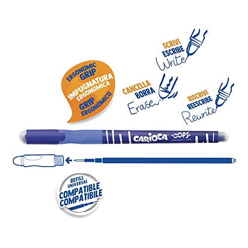 Carioca Oops Blue Pens | Refillable Erasable Pens Set for School and Office with Cap, Double Eraser and Ergonomic Handle, Blue Pens, 12 Pieces - Image 2
