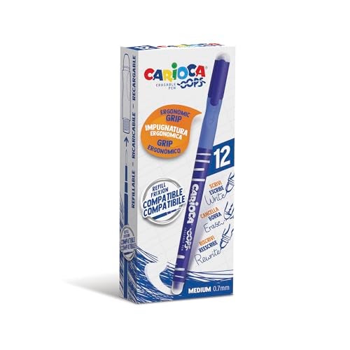 Carioca Oops Blue Pens | Refillable Erasable Pens Set for School and Office with Cap, Double Eraser and Ergonomic Handle, Blue Pens, 12 Pieces - Image 1