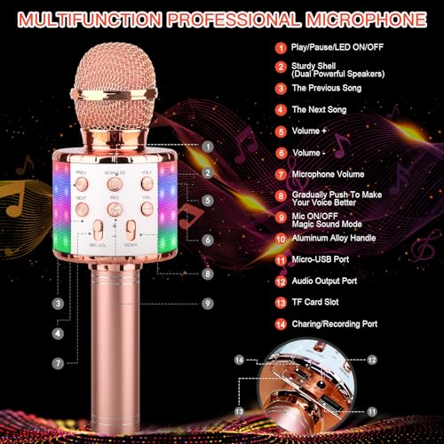 ShinePick Karaoke Microphone, 4 in 1 Wireless Microphone with LED Lights Handheld Portable Karaoke Machine, Home KTV Player, Compatible with Android & iOS Devices(Pink) - Image 4
