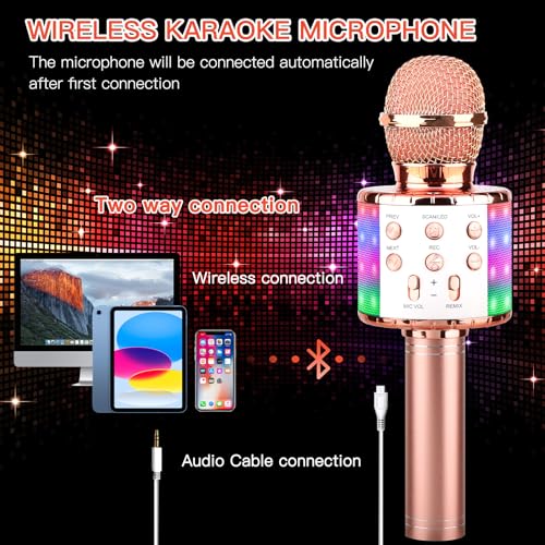 ShinePick Karaoke Microphone, 4 in 1 Wireless Microphone with LED Lights Handheld Portable Karaoke Machine, Home KTV Player, Compatible with Android & iOS Devices(Pink) - Image 3