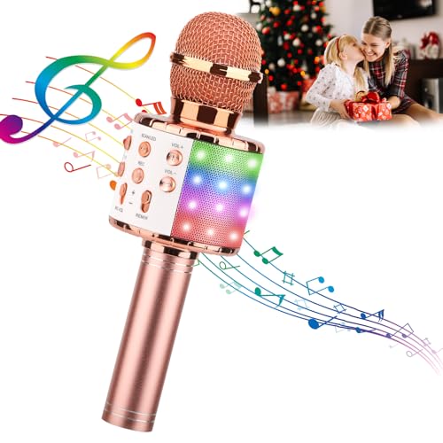 ShinePick Karaoke Microphone, 4 in 1 Wireless Microphone with LED Lights Handheld Portable Karaoke Machine, Home KTV Player, Compatible with Android & iOS Devices(Pink) - Image 1