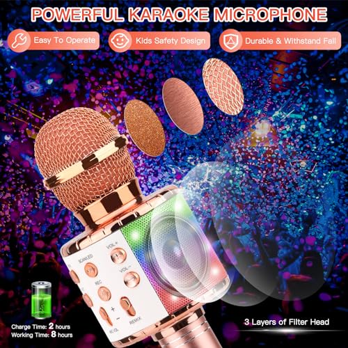 ShinePick Karaoke Microphone, 4 in 1 Wireless Microphone with LED Lights Handheld Portable Karaoke Machine, Home KTV Player, Compatible with Android & iOS Devices(Pink) - Image 2