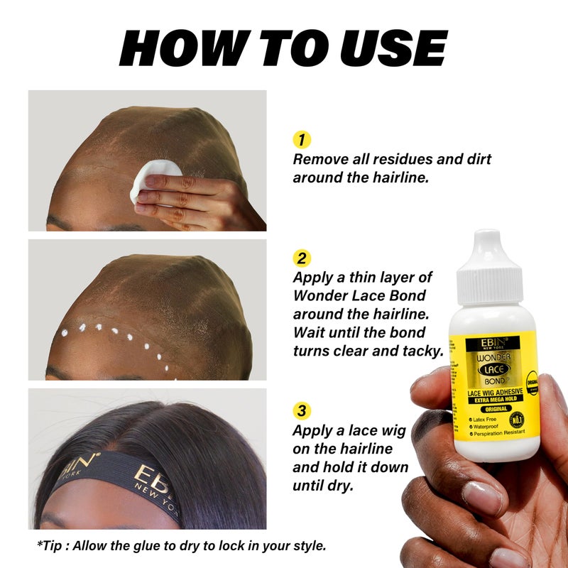 EBIN NEW YORK Wonder Lace Bond Supreme Hold Lace Wig Glue 1.15 Fl Oz Supreme, Maximum Strength, Waterproof, Quick Drying, Latex Free, Long Lasting Invisible Adhesive for Professional Use - Image 4