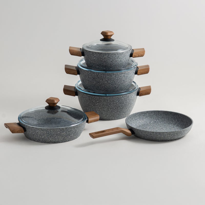 ألبرتو طقم قدور ألومنيوم 9 قطع، جرانيت رمادي - Image 1