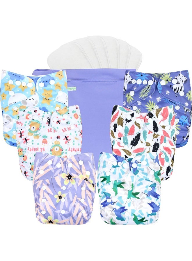 wegreeco Washable Reusable Baby Cloth Pocket Diapers 6 Pack + 6 Bamboo Inserts (with 1 Wet Bag, Leaves, Animals) - Image 1