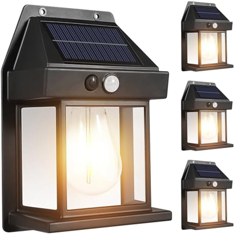 مصابيح شمسية خارجية من الغسق الى الفجر، مصباح حائط يعمل بالطاقة الشمسية بمستشعر حركة، 3 اوضاع اضاءة، مصباح امان مقاوم للماء للحديقة والفناء والسياج والديكور الخارجي (4 قطع) - Image 1