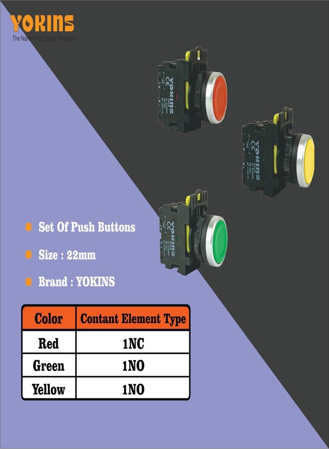 Yokins Push Button, Set Of RGY, 22mm Red, Green & Yellow color with spring return (copper & silver contacts) - Image 2