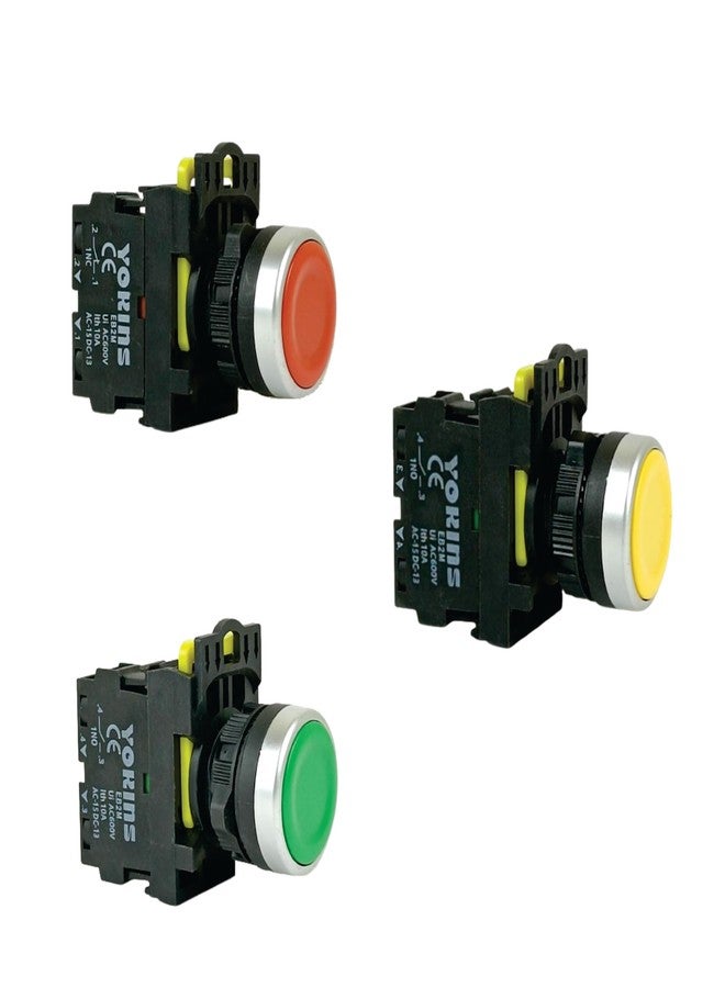 Yokins Push Button, Set Of RGY, 22mm Red, Green & Yellow color with spring return (copper & silver contacts) - Image 1
