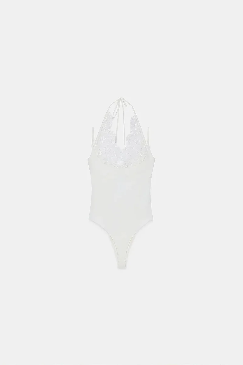 Dilvin Dusty White DILVIN Embroidered Cut-out Sleeveless Bodysuit for Women | Best Price UAE