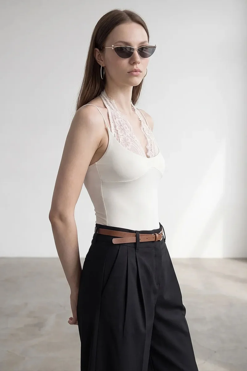 Dilvin Dusty White DILVIN Embroidered Cut-out Sleeveless Bodysuit for Women | Best Price UAE