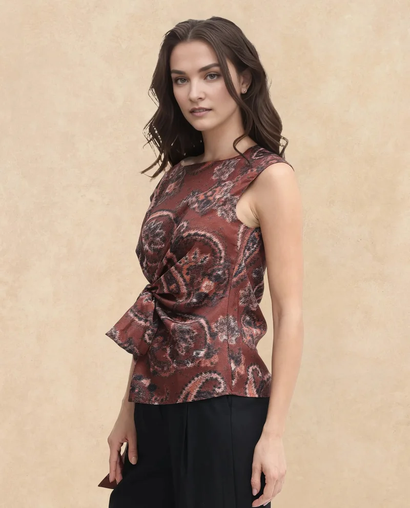 Rareism Women's Paisley Print Sleeveless Top With Boat Neck