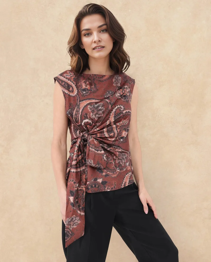 Rareism Women's Paisley Print Sleeveless Top With Boat Neck