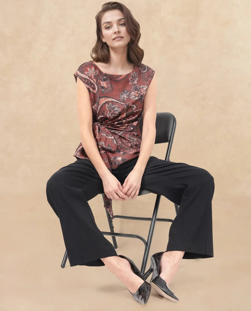 Rareism Women's Paisley Print Sleeveless Top With Boat Neck