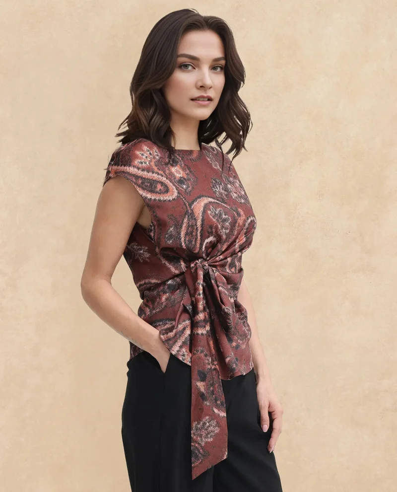 Rareism Women's Paisley Print Sleeveless Top With Boat Neck
