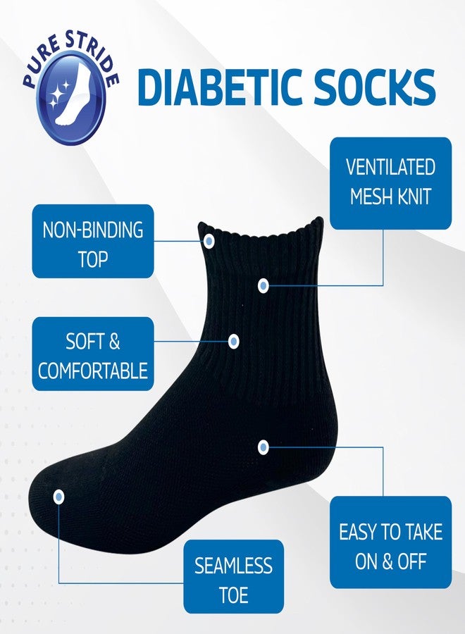 Pure Stride Diabetic Socks Quarter Length - Non-Binding Top, Ventilated Mesh Knit with Seamless Toe for Men and Women, No Slip Fabric Approved for Neuropathy & Circulatory Issues, Black, XLarge - Image 3