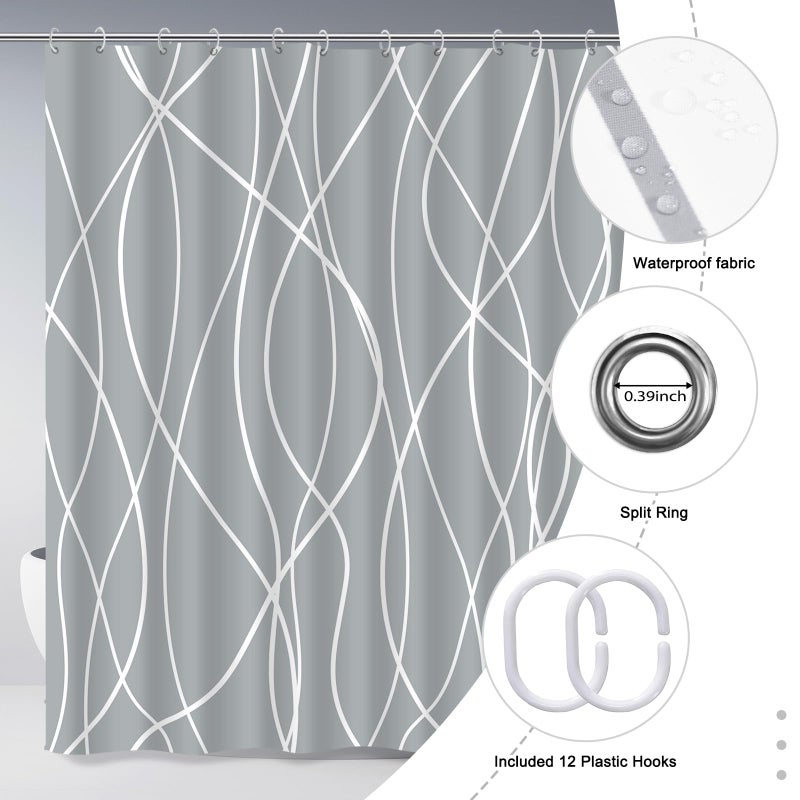 Punkray Light Grey Shower Curtain for Bathroom with Hooks, Shower Curtain Set Stripe Bath Curtains Decorative White Shower Curtains Weighted Hem Water Repellent Washable, 72 x 72 - Image 5