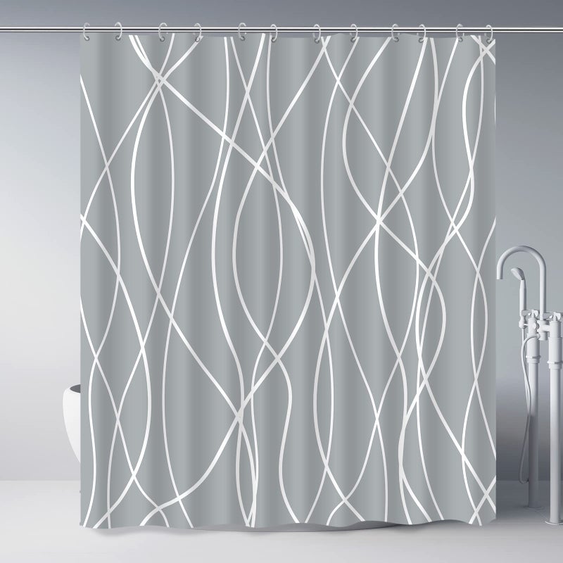 Punkray Light Grey Shower Curtain for Bathroom with Hooks, Shower Curtain Set Stripe Bath Curtains Decorative White Shower Curtains Weighted Hem Water Repellent Washable, 72 x 72 - Image 1