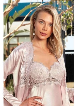 Nurteks 5393 Women's Lace Satin Nightgown Dressing Gown Set-Powder  - Image 2