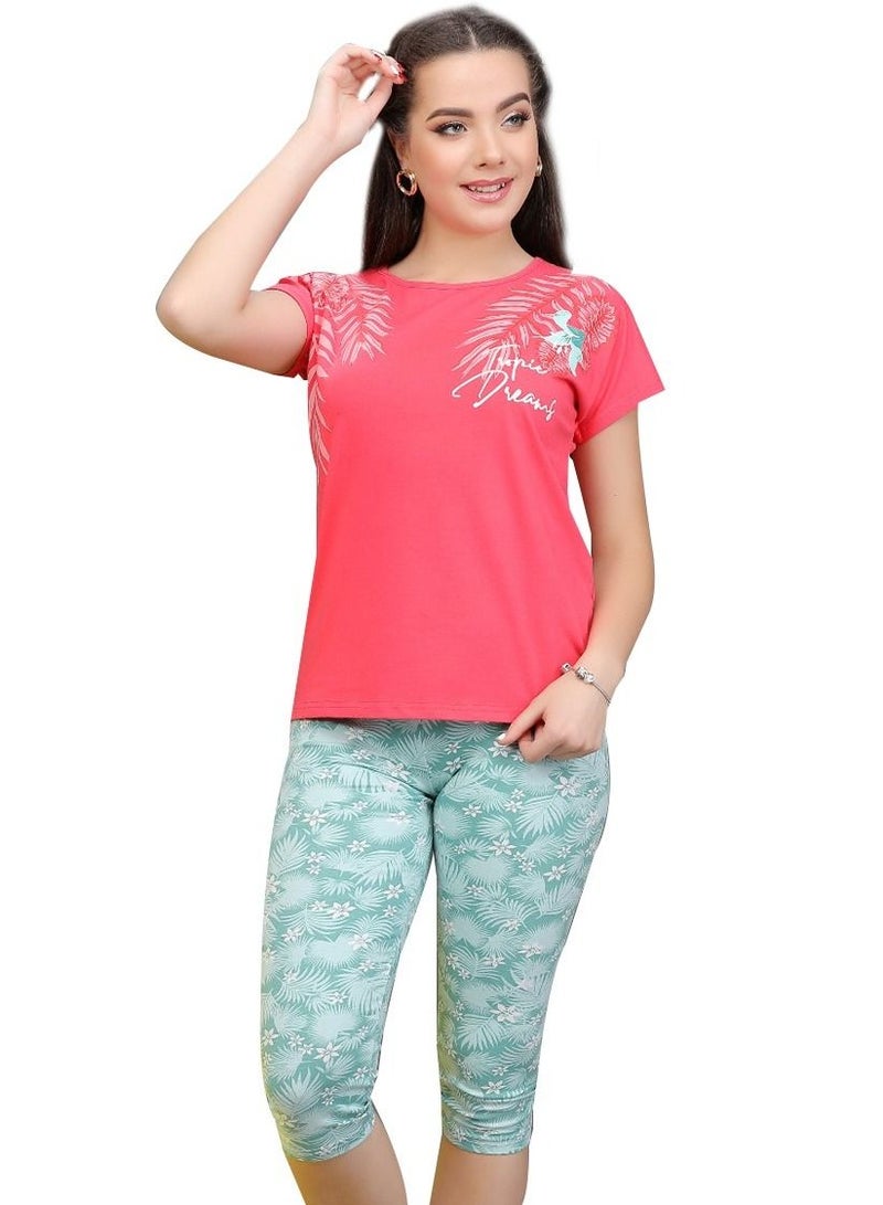 جنة بيجامة نوم نسائية باكمام قصيره وبنطلون برمودا مصنوعة من القطن