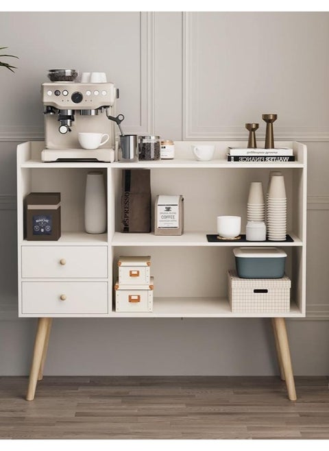 Distinctive and stylish coffee corner, coffee cabinet with large surface, open shelves and 2 storage drawers 100x35x90 cm for living room or office white-EI-210