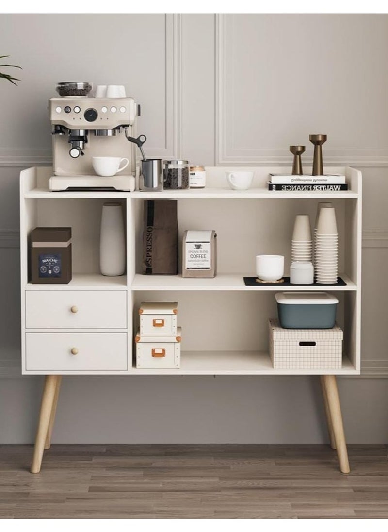 Distinctive and stylish coffee corner, coffee cabinet with large surface, open shelves and 2 storage drawers 100x35x90 cm for living room or office white-EI-210