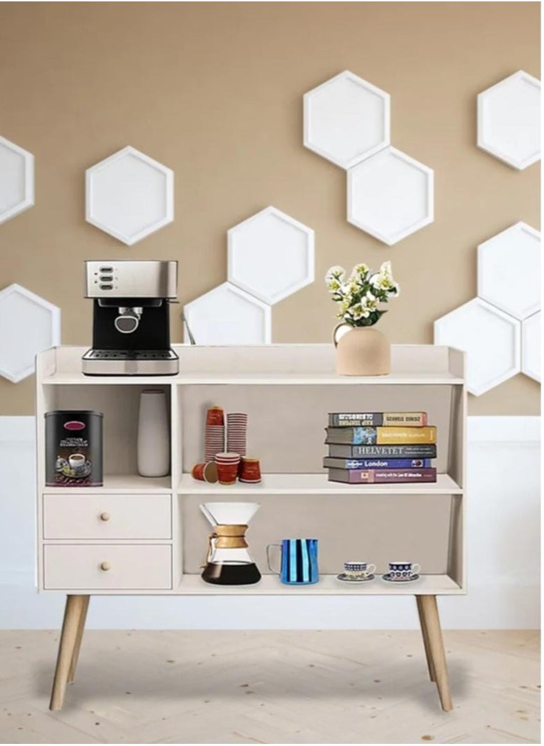 Distinctive and stylish coffee corner, coffee cabinet with large surface, open shelves and 2 storage drawers 100x35x90 cm for living room or office white-EI-210