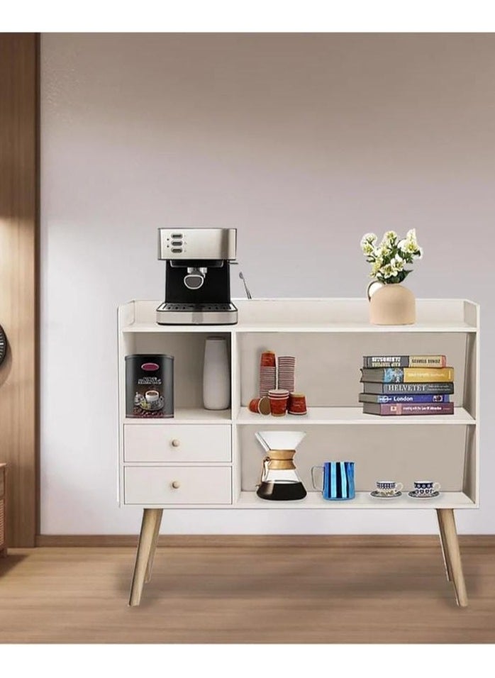 Distinctive and stylish coffee corner, coffee cabinet with large surface, open shelves and 2 storage drawers 100x35x90 cm for living room or office white-EI-210