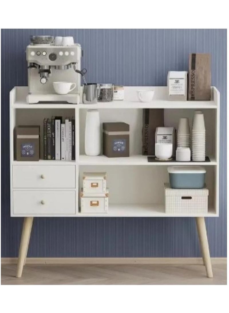Distinctive and stylish coffee corner, coffee cabinet with large surface, open shelves and 2 storage drawers 100x35x90 cm for living room or office white-EI-210
