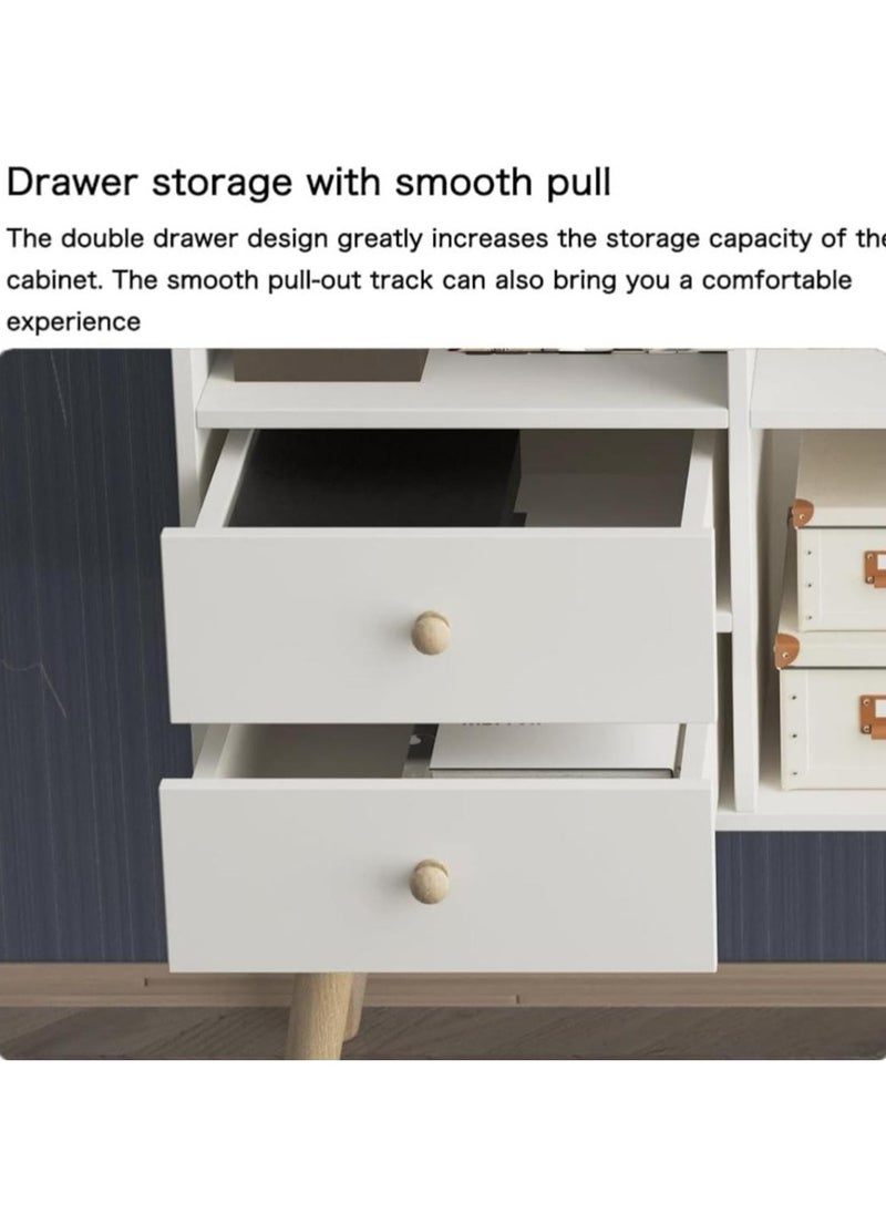 Distinctive and stylish coffee corner, coffee cabinet with large surface, open shelves and 2 storage drawers 100x35x90 cm for living room or office white-EI-210