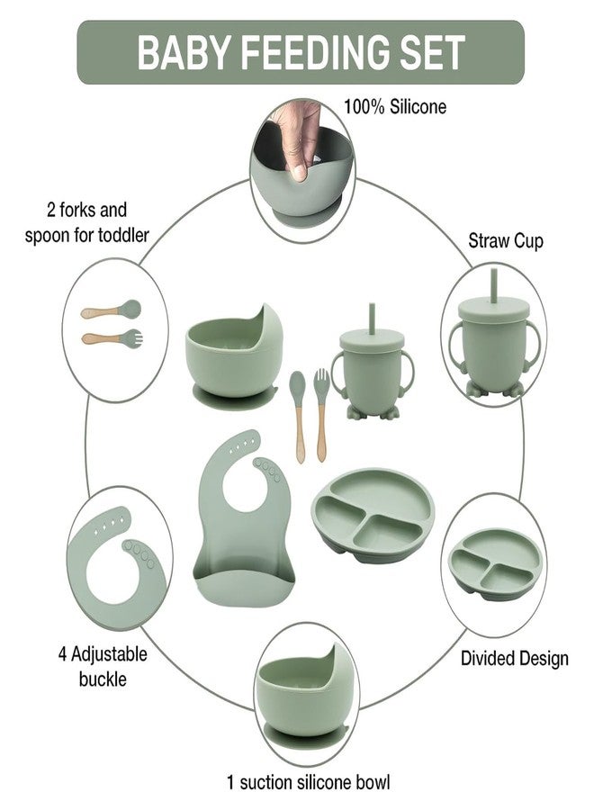 REMICH Baby Feeding Set of 6Pcs - Food Grade Toddlers Silicone Food Plate Sipping Cup Bowl Set with Silicone Bib, Baby Cutleries - Self-Feeding Tableware Set for Toddlers, Stabilizable (Green) - Image 3